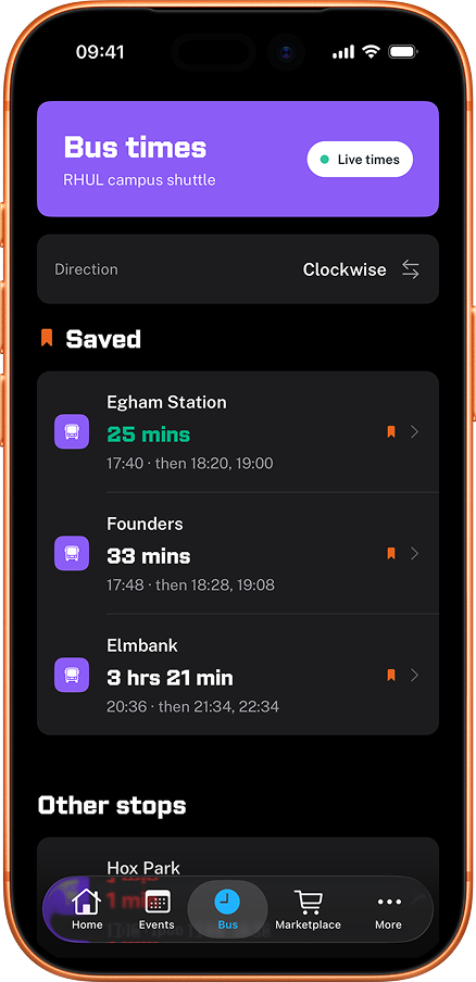 RHUL Mobile app showing live RHU and RH2 bus times at Royal Holloway