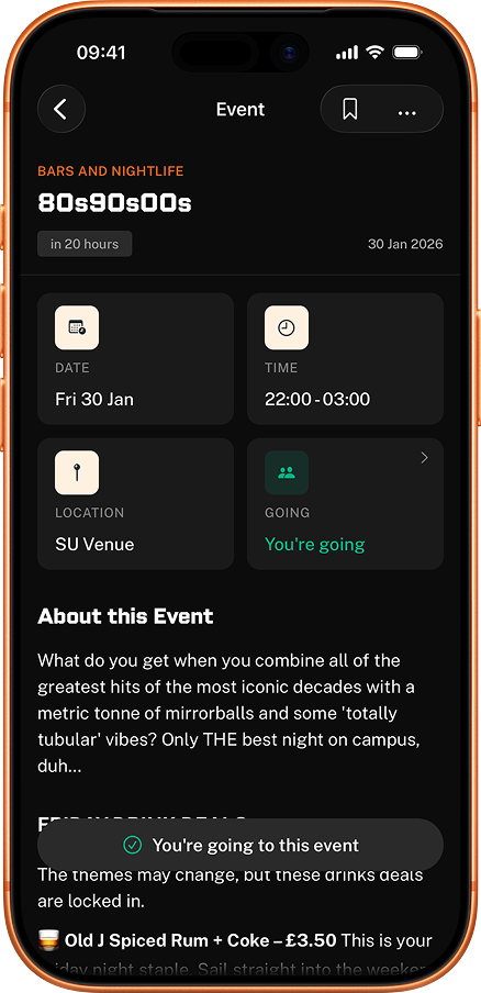 RHUL Mobile app showing upcoming events at Royal Holloway