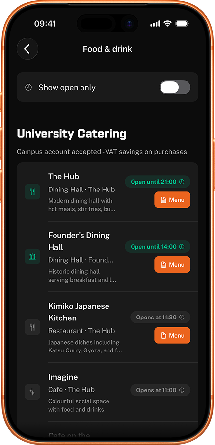RHUL Mobile app showing campus food outlet hours and menus