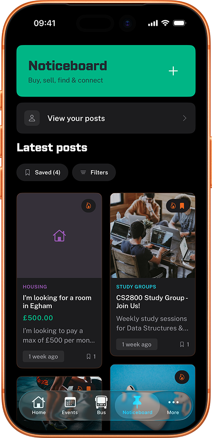 RHUL Mobile app showing the student marketplace