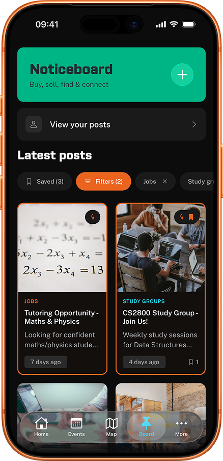 RHUL Mobile app showing the student noticeboard