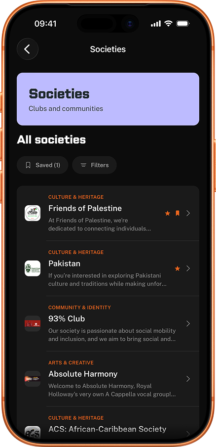RHUL Mobile app showing Royal Holloway student societies