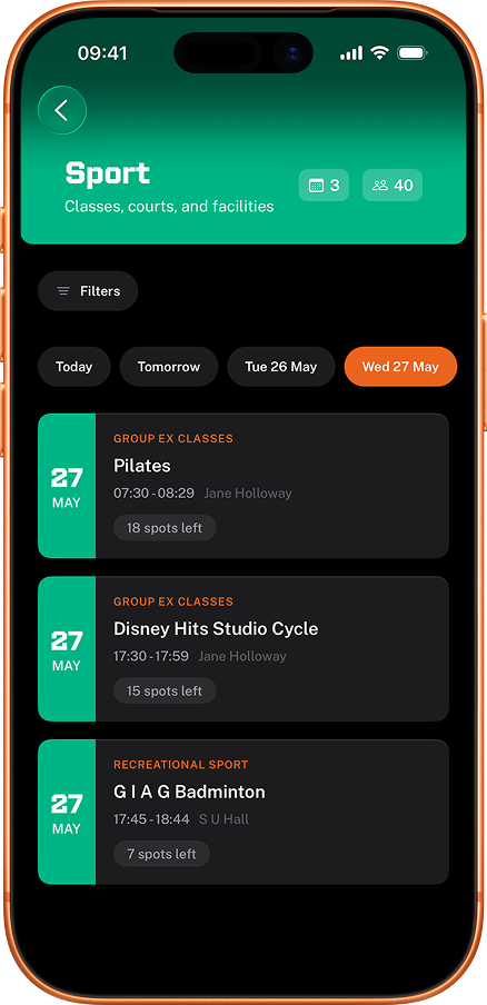 RHUL Mobile app showing live availability for Royal Holloway sport sessions